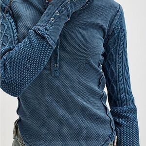 Free People Indigo Blue Textured Henley Sweater